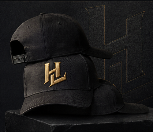 Black Headlooks cap stack with gold embroidered mark